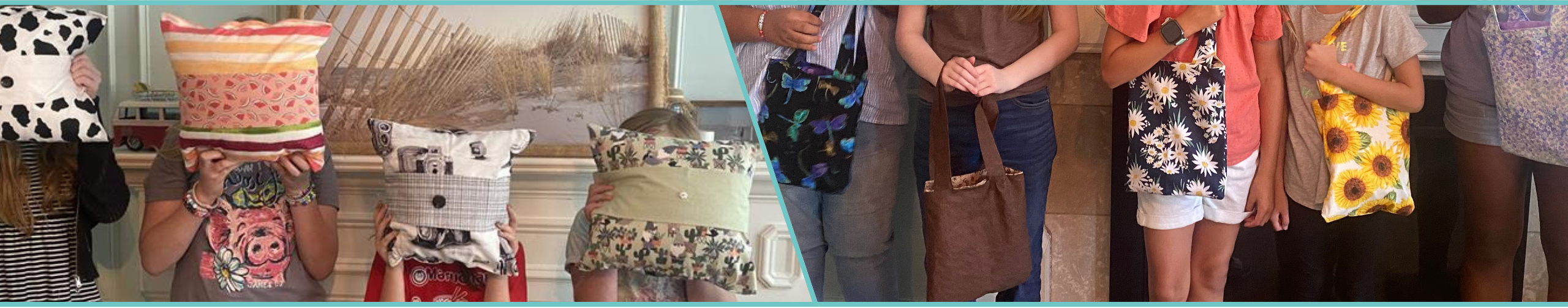 Group of girls holding pillows and tote bags they made